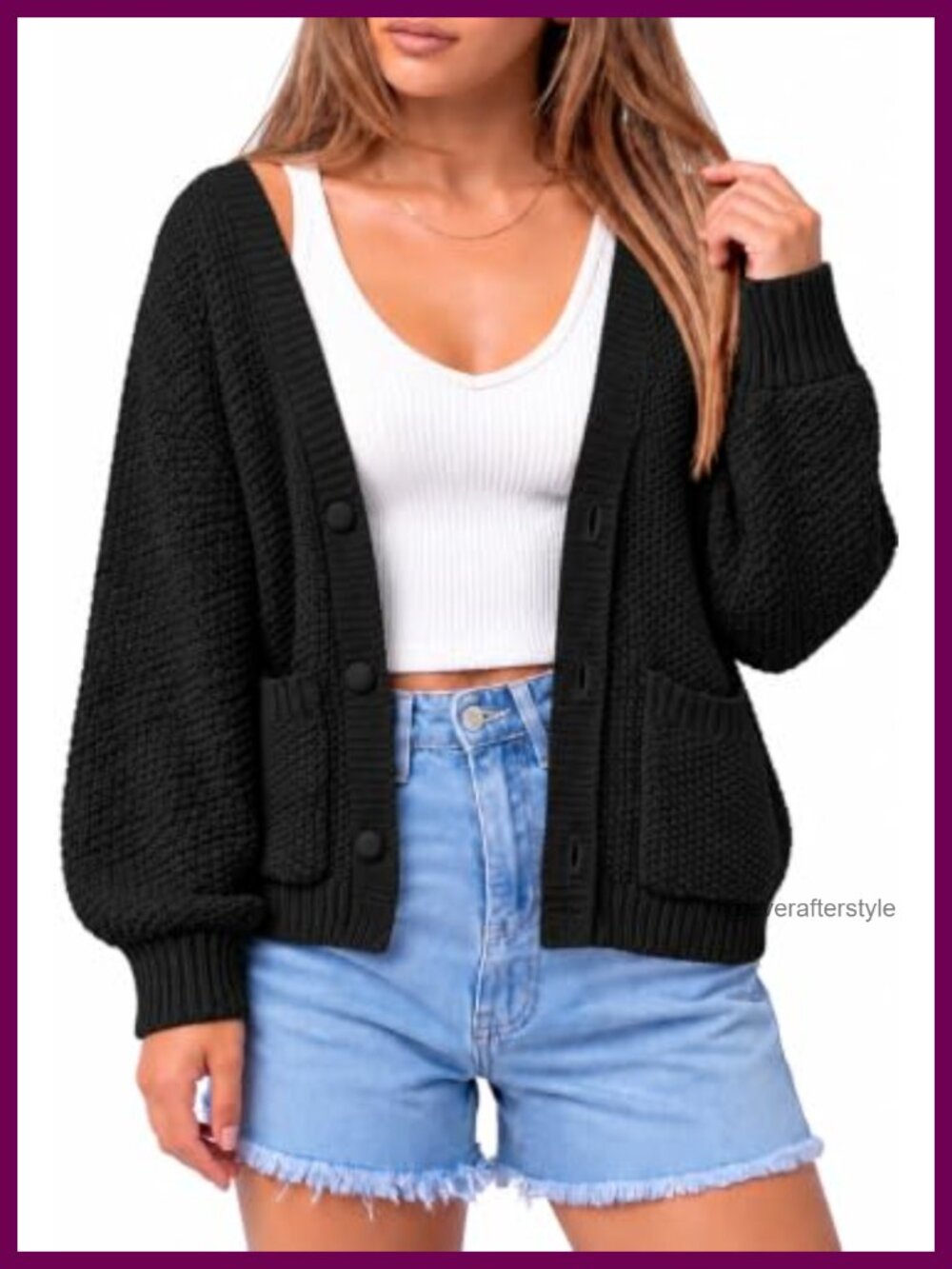 Chunky Knit Cropped Cardigan Sweater V-Neck Button Down Long Sleeve Cotton Blend